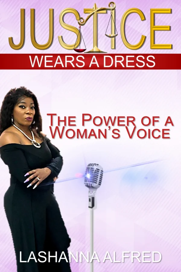 A woman standing next to a microphone wearing a dress.